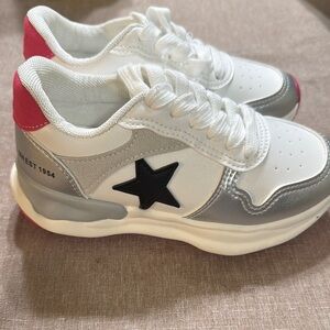 Women's White and Silver Sneakers with Pink Accents